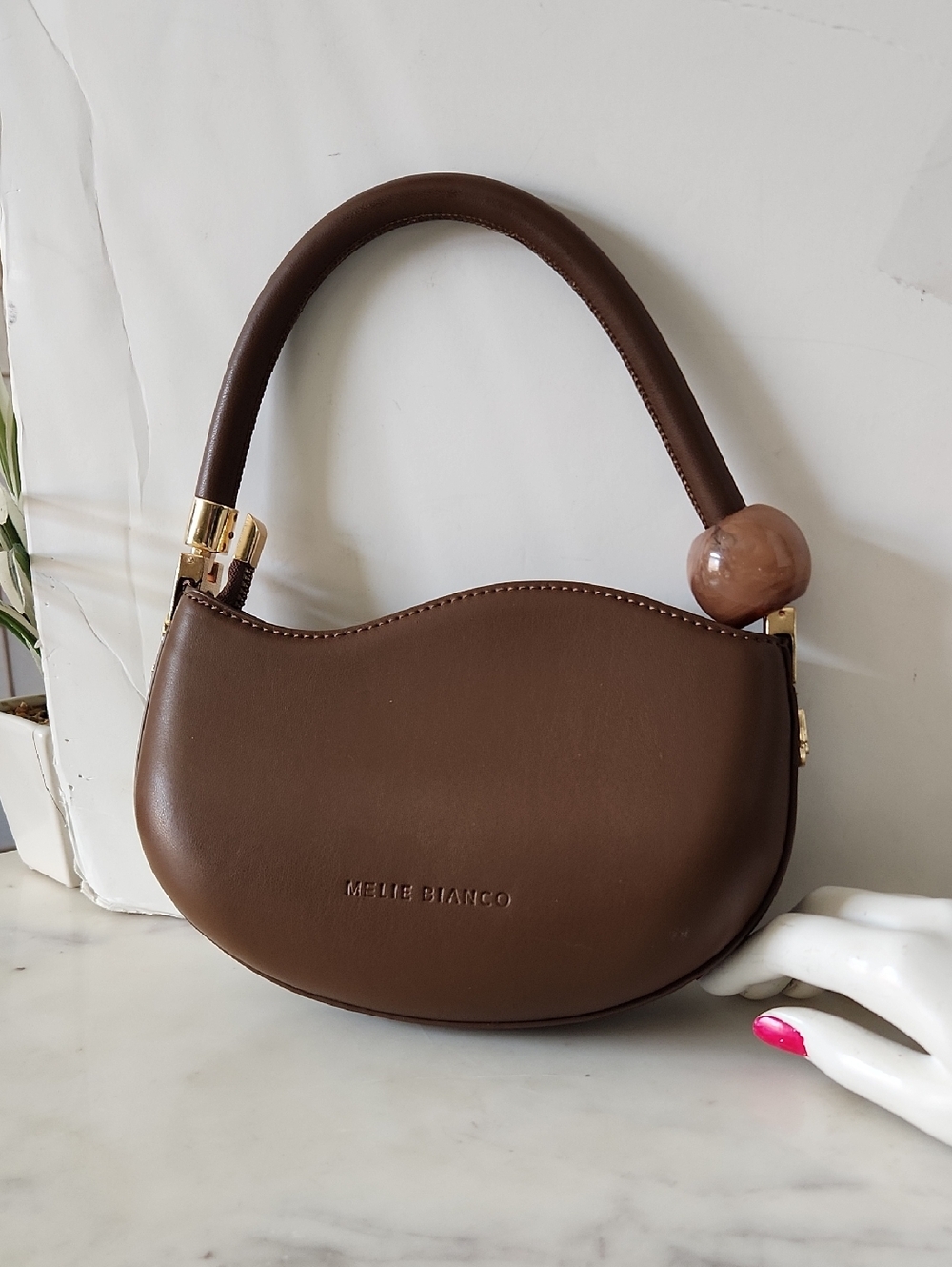 Melie Bianco Vegan Sculpted Handle Shoulder Bag with Bead Accent